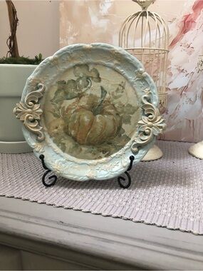 Decoupage Decorative Tray in Pale Blue with Pumpkin Motif